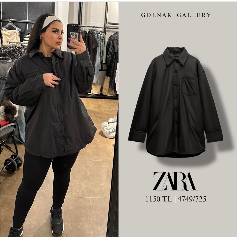 Zara Water Repellent Quilted Overshirt shirt Jacket Black button size S NWT - Picture 4 of 16